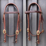 Stitched & Double Brass Buckle Browband Headstall 5/8" Oiled Harness Leather with Tie Ends