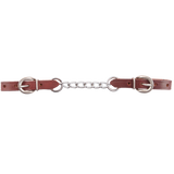 Brown leather belt with silver chain and buckles on a white background